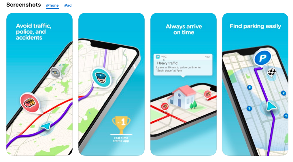 Screenshots for the App Store, Waze