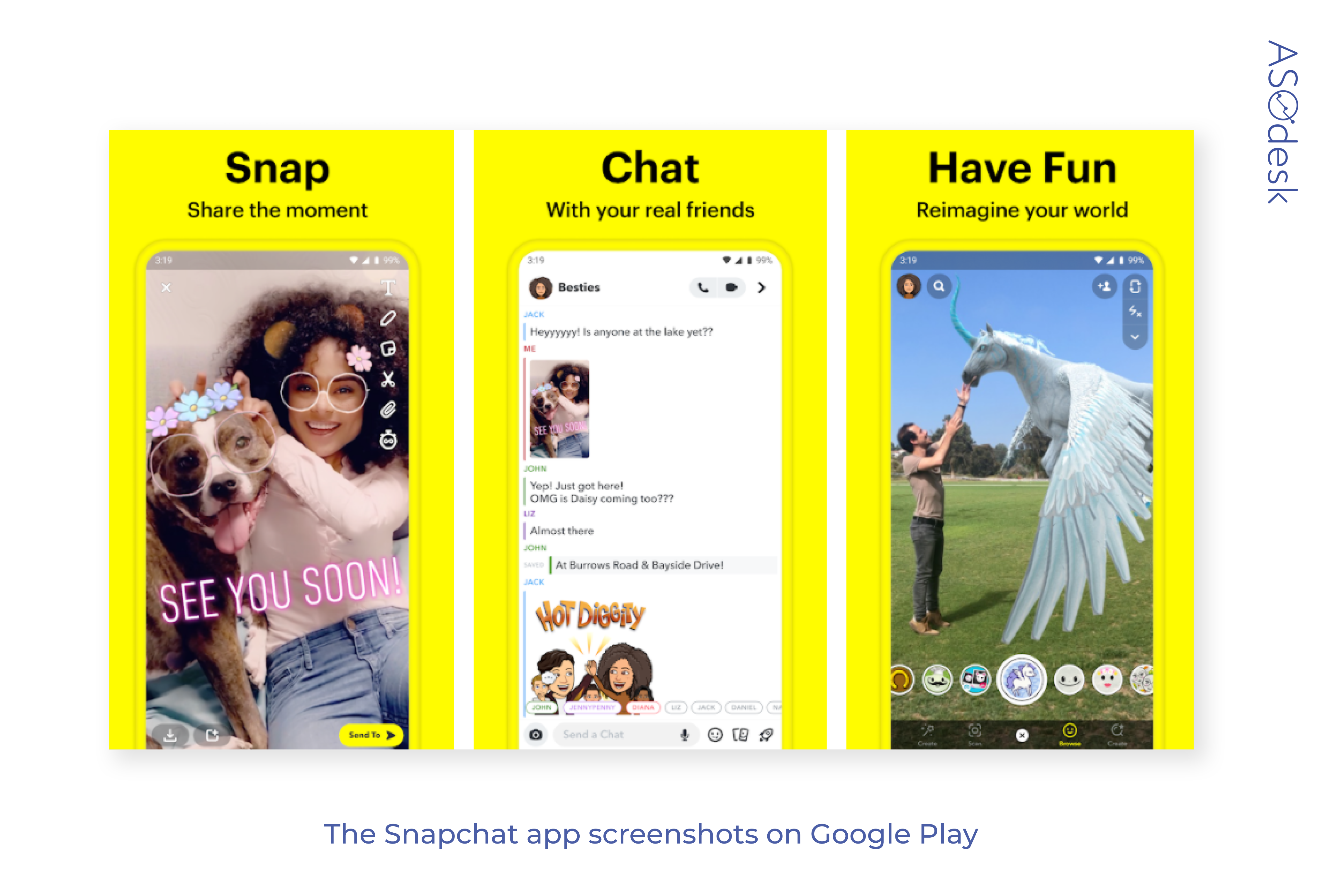 Yellow app screenshots of Snapchat app