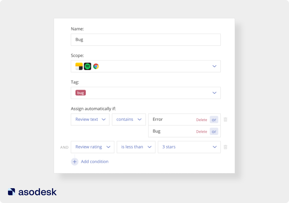 In Asodesk, you can automatically tag reviews