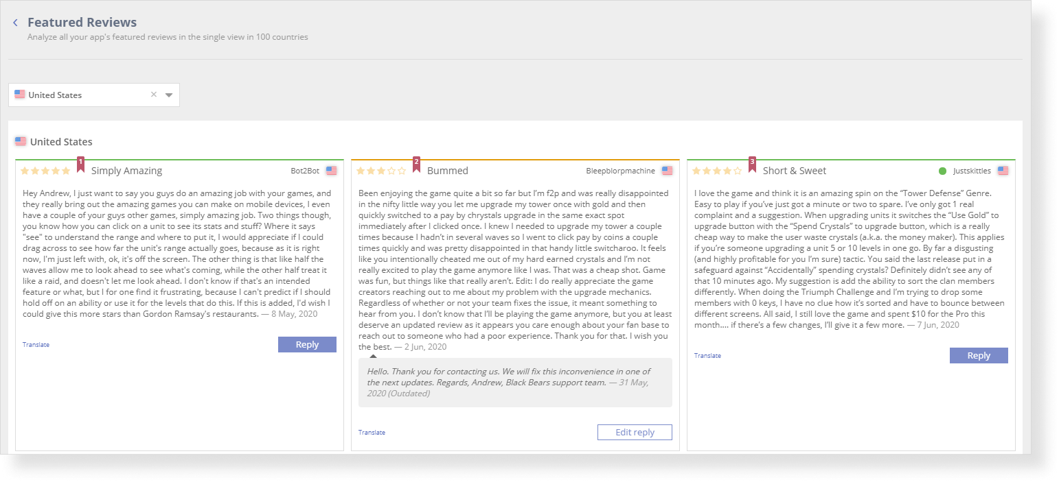 In Asodesk you can analyze featured reviews from App Store and Google Play for 100+ countries