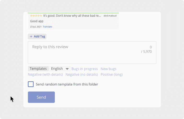 In Asodesk, you can respond to user reviews from the App Store and Google Play with a random template. To do this, just click on the button and the system will offer one of the response templates for reviews.