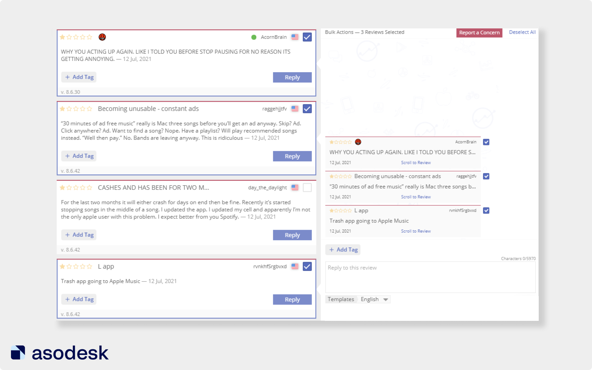 You can report one or more reviews of an app in the App Store or Google Play via Asodesk