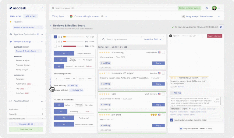 In Asodesk, you can remove the filter panel to free up more space for analyzing reviews from the App Store and Google Play