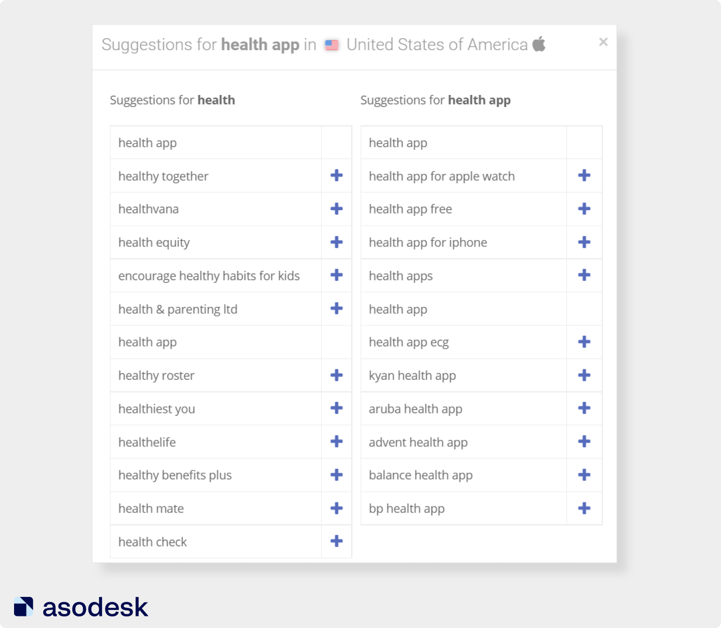 Search suggestions for "health app" in the App Store