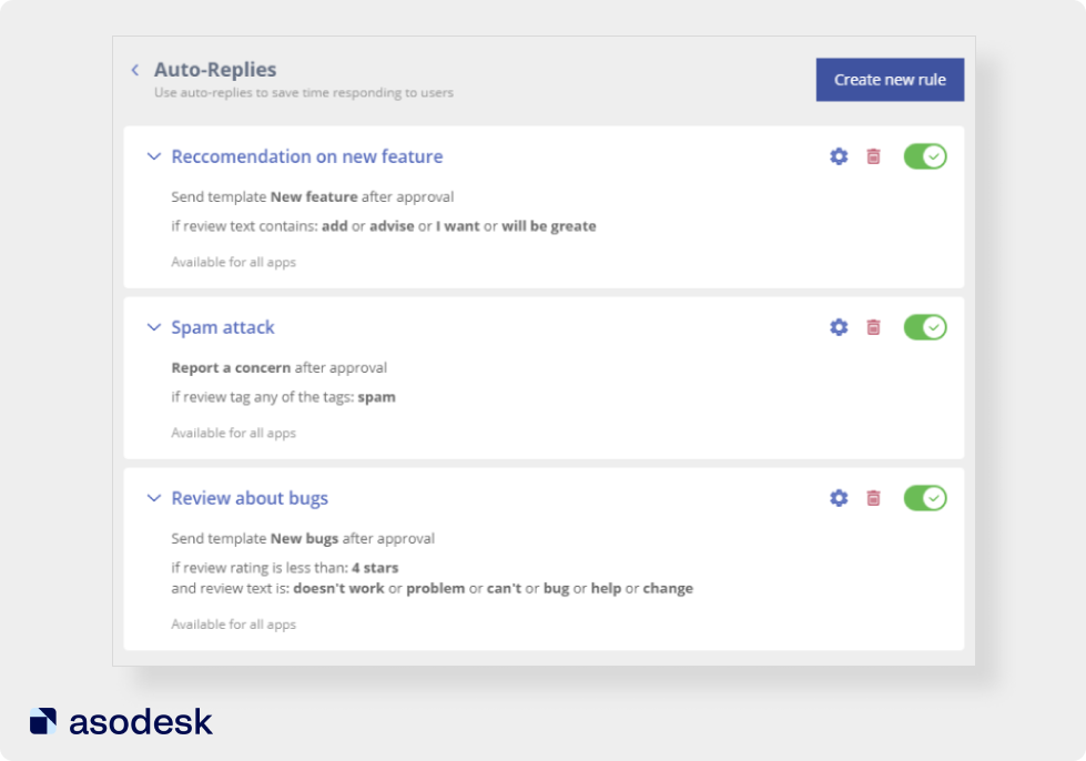 Auto-Replies in Asodesk lets you set up automatic responses to reviews
