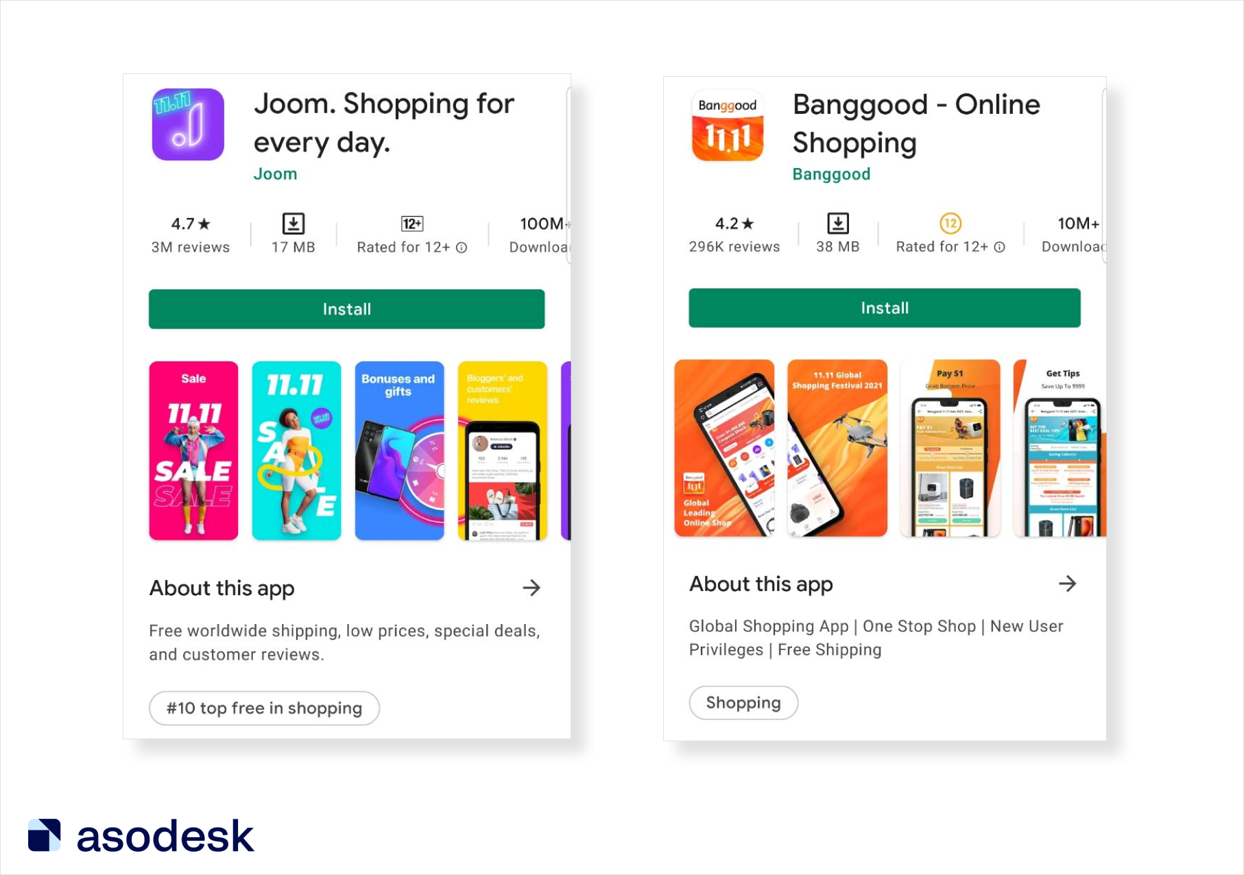 The design of the Joom and Bangood app pages before the 11.11 promo on Google Play