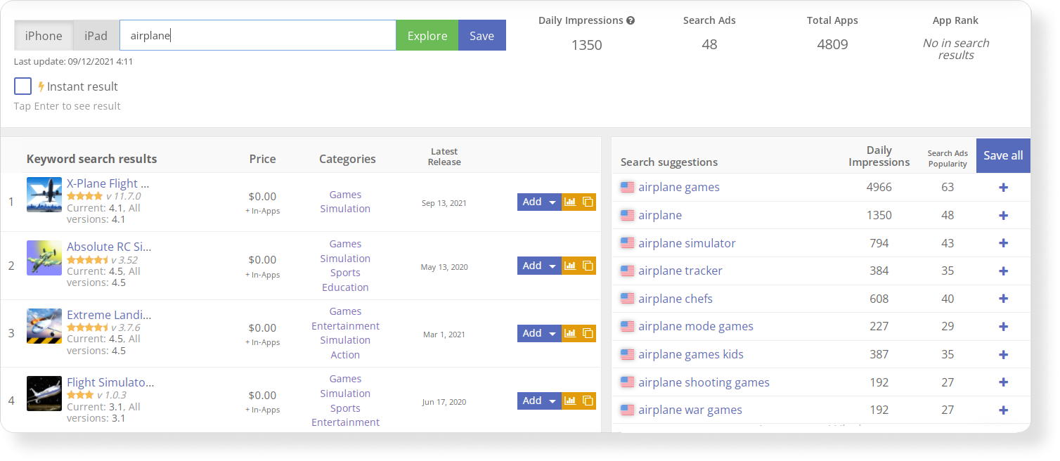 In Keyword Explorer, you can view search results for any request from the App Store and Google Play