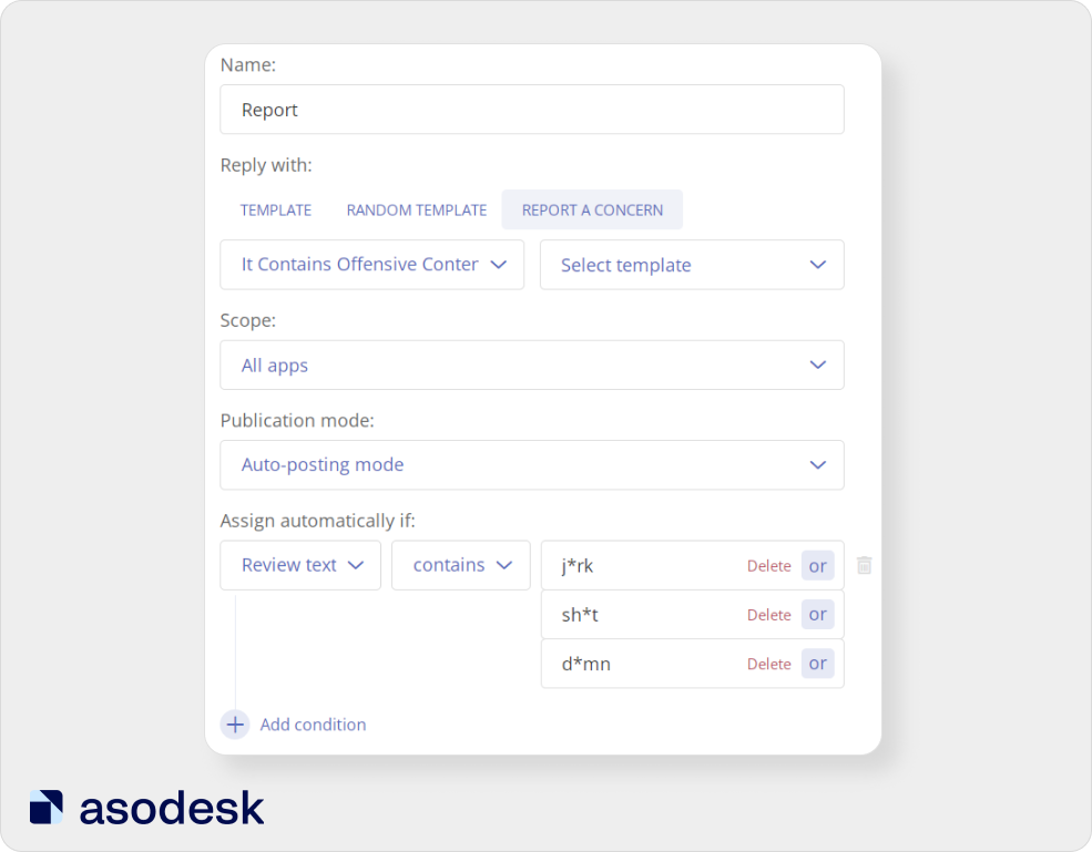 In Asodesk you can report reviews that violate App Store and Google Play policies
