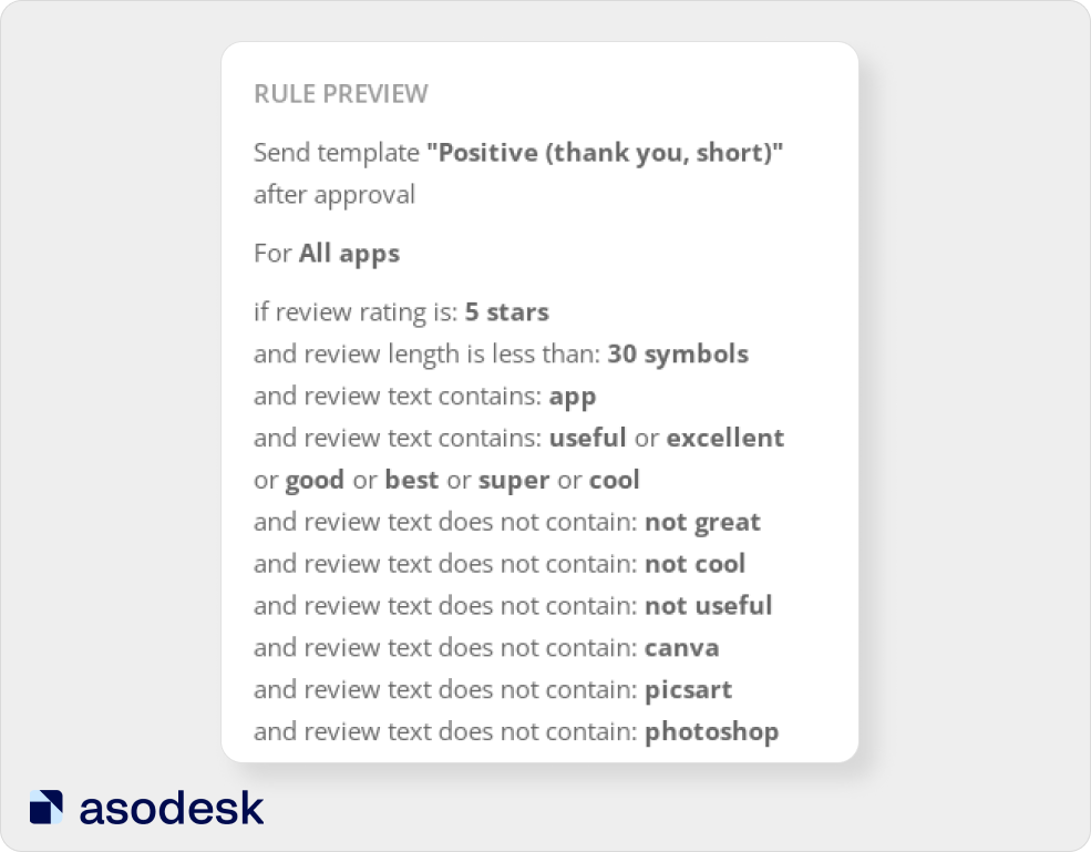 Asodesk allows you to create rules for automatic responses to reviews based on review length, rating, and content