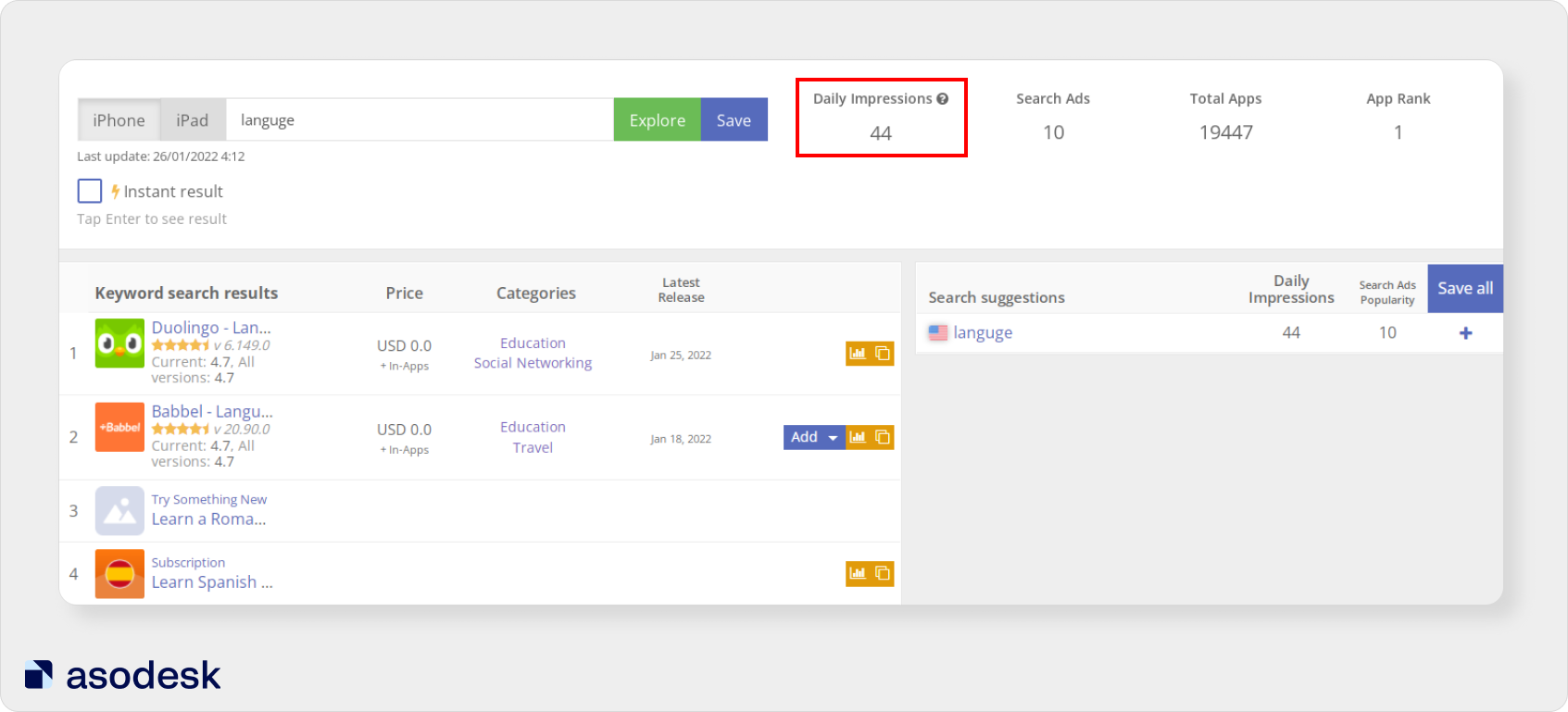 In Asodesk, you can view Daily Impressions for various search terms from the App Store and Google Play