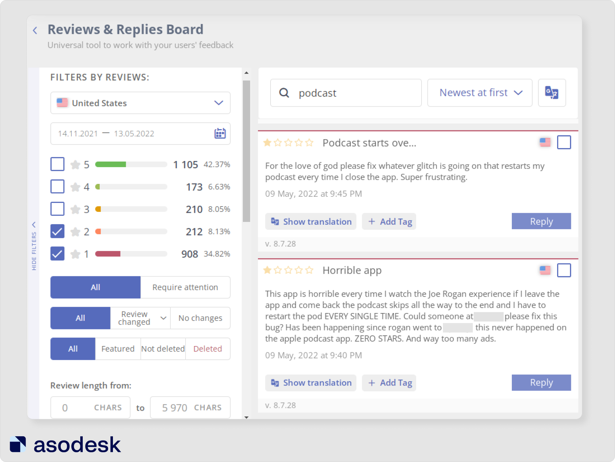 In Reviews & Replies Board in Asodesk you can find reviews with the rating, length and words you need