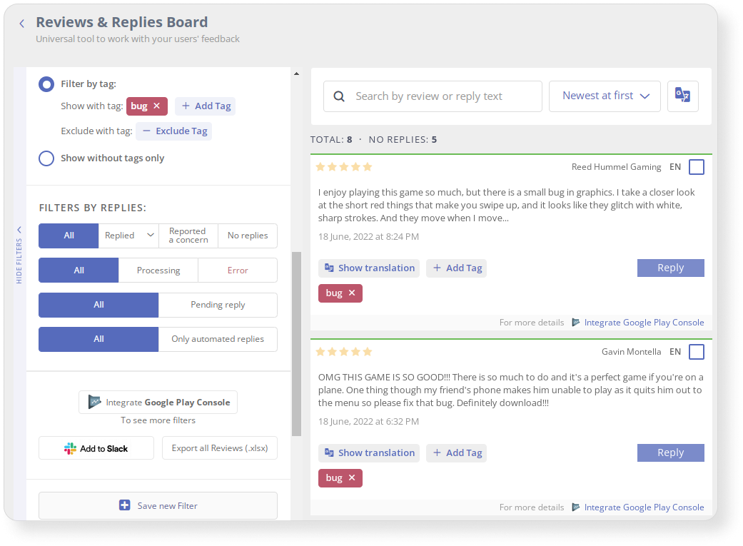 Tags allow you to divide reviews from the App Store and Google Play into groups