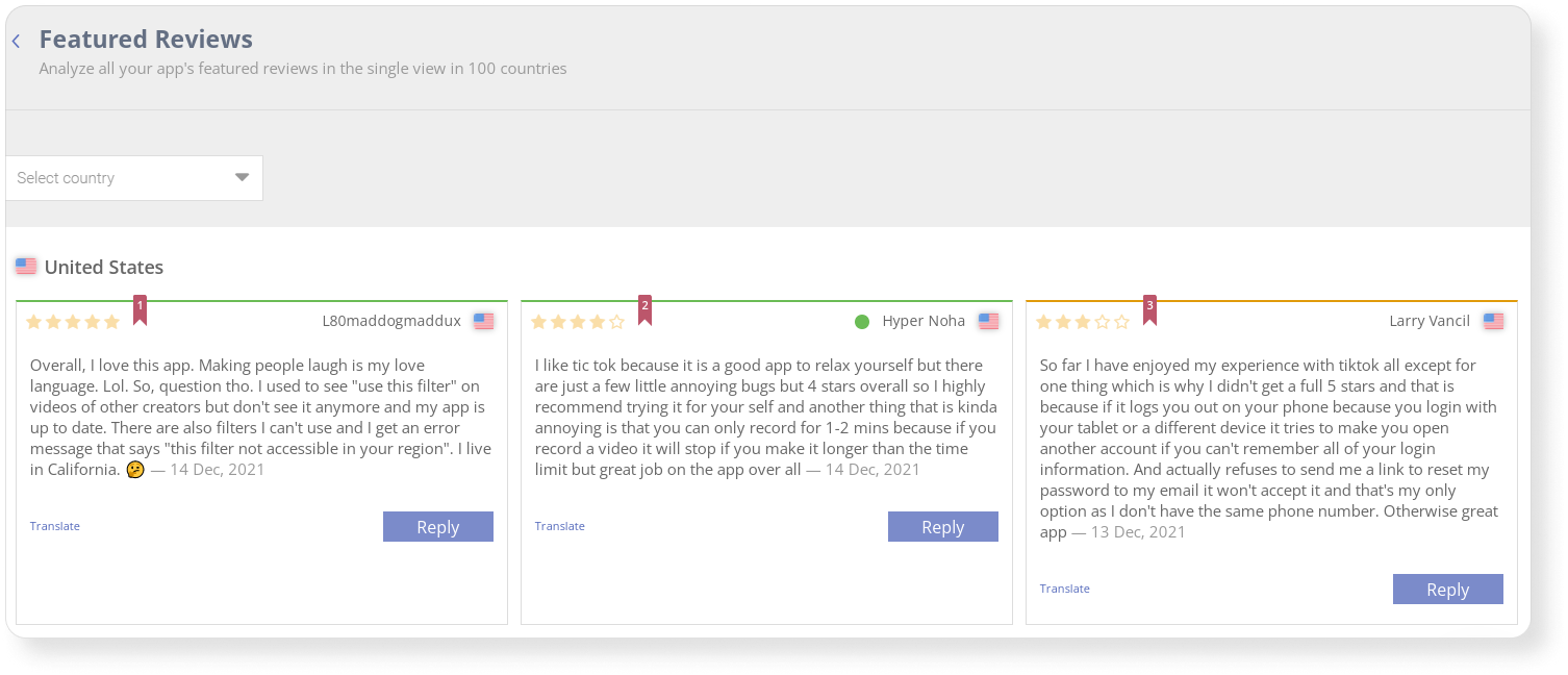 Featured Reviews on Asodesk show featured app reviews in every country