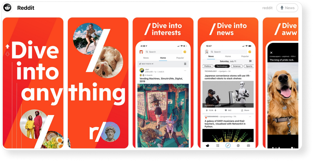 The Reddit app screenshots
