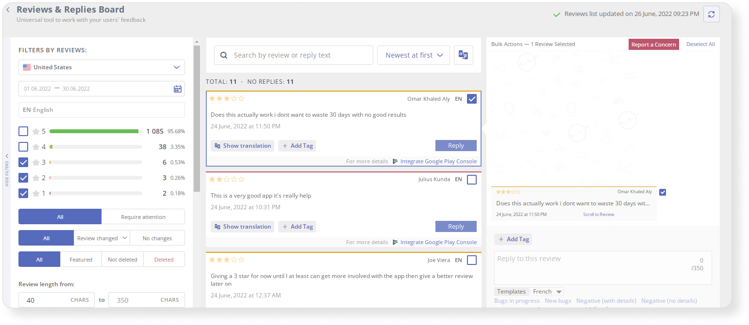 Reviews & Replies Board allow you to work with reviews in the App Store and Google Play