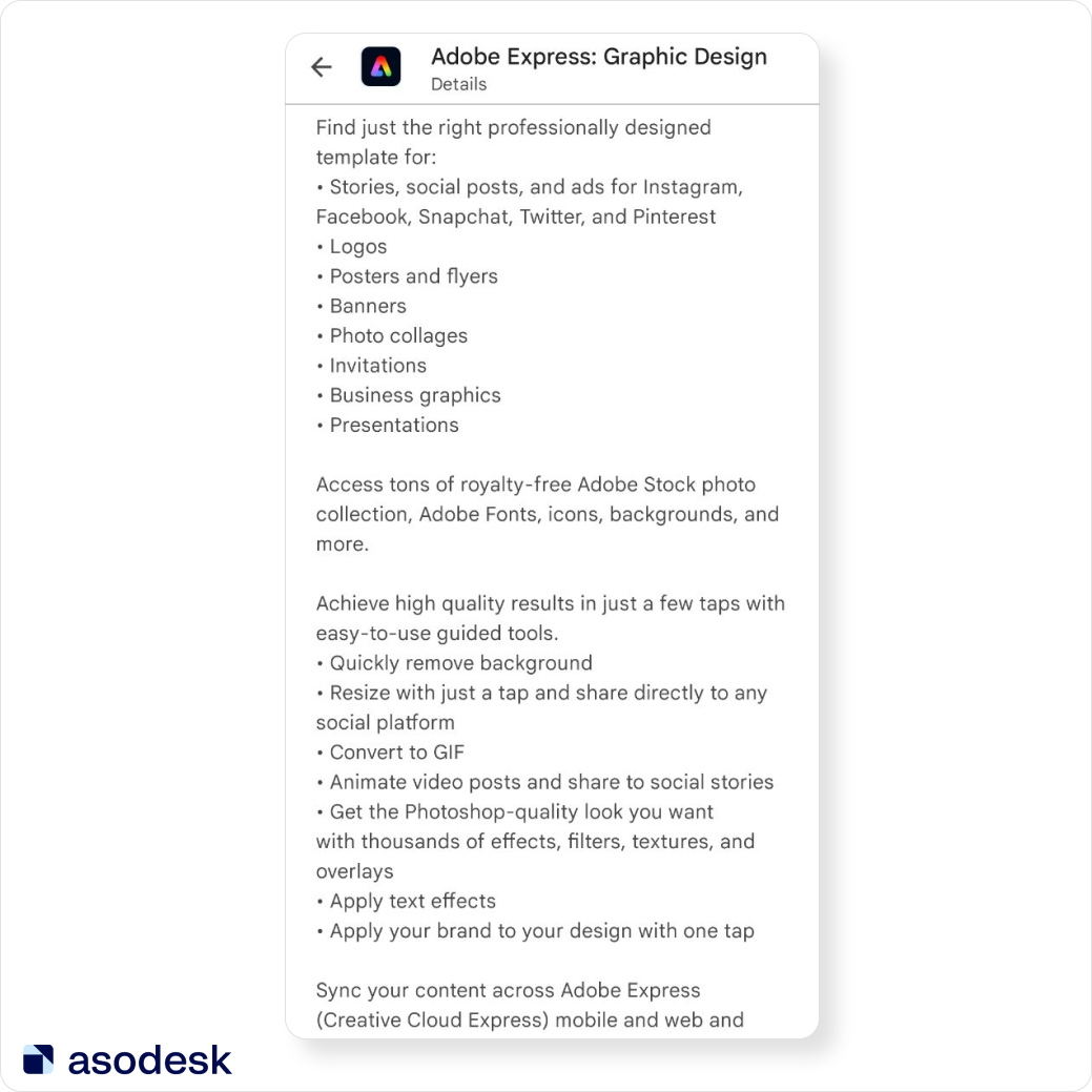 Adobe Express app description in Google Play is written mostly for designers