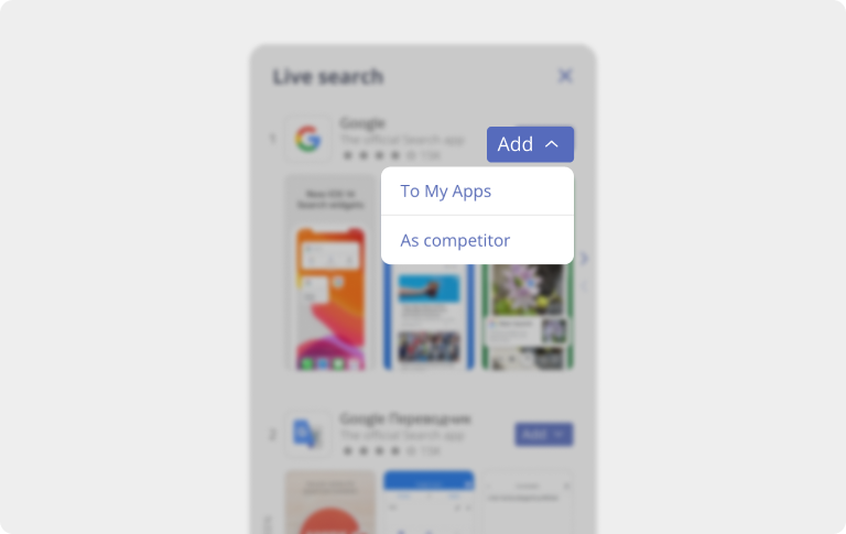 You can add apps from Live Search to competitors or your apps section