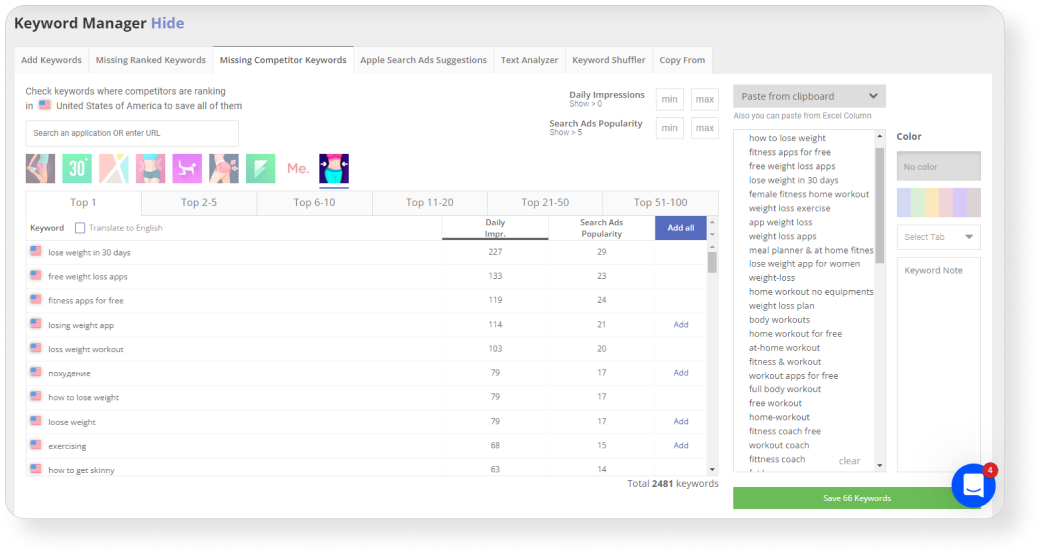 Missing Competitor Keywords for fitness app