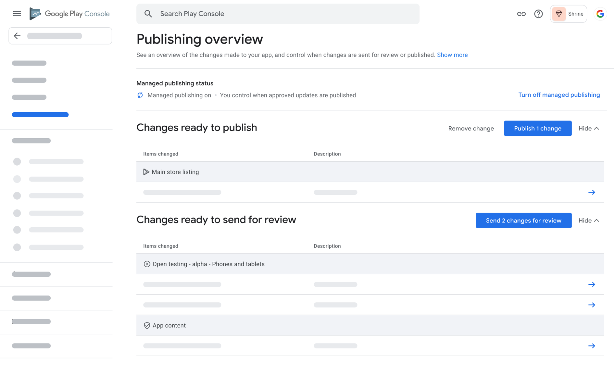 Publishing overview section on Google Play Console