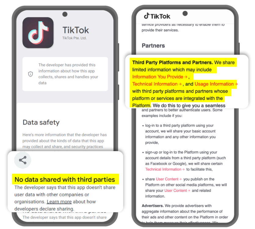 Comparison between privacy labels (left) and Data Safety Form (right)