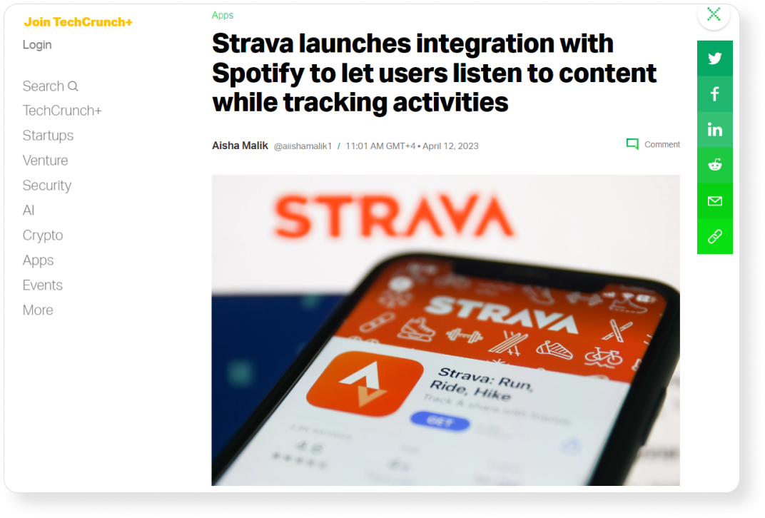 TechCrunch published an article about Strava's integration with Spotify