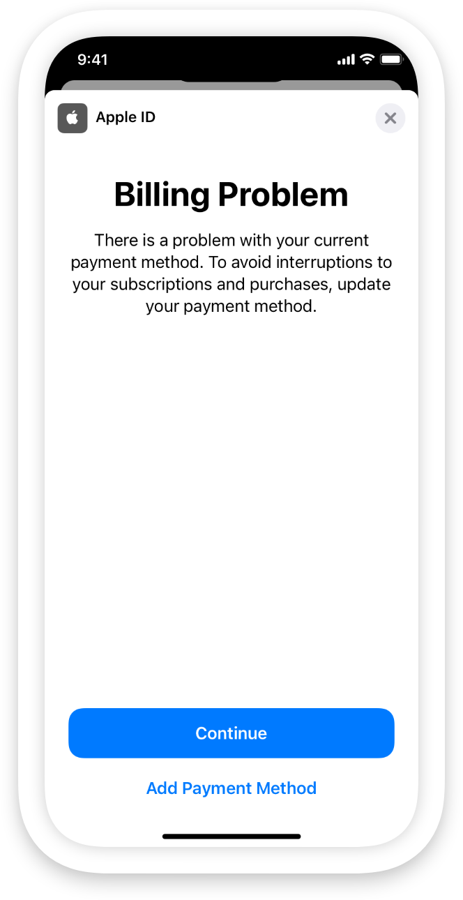 The notification within the app instructs the user that there is an issue with their existing payment method and advises them to update it to prevent any disruptions to their purchases and subscriptions.