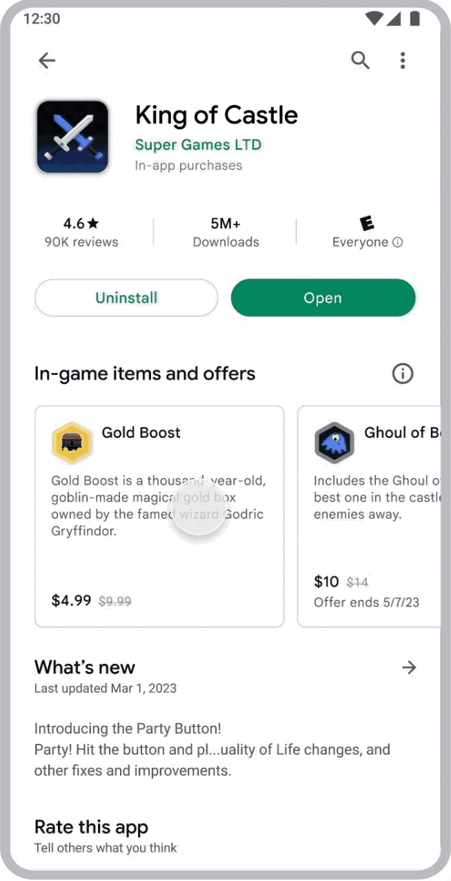 In-game items and offers on Google Play.