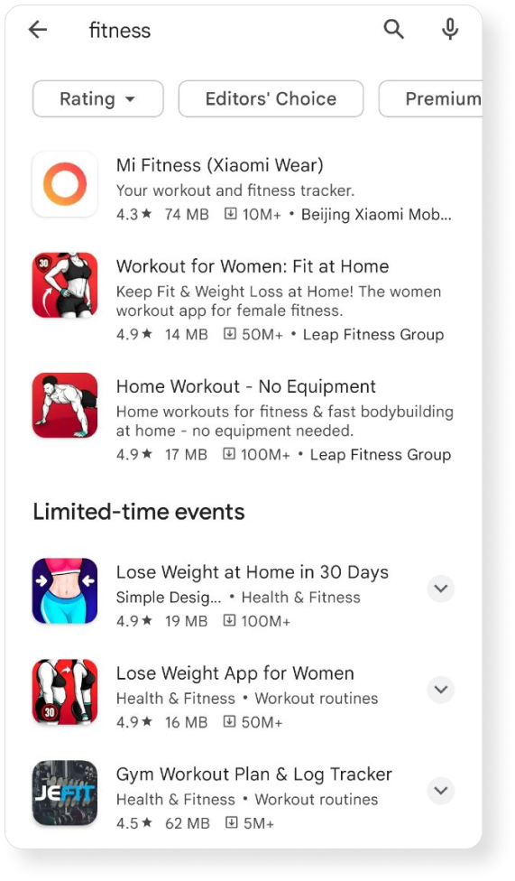 Search results for the word “fitness” on Google Play