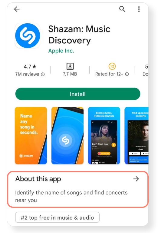 Shazam's short description highlights the app advantages
