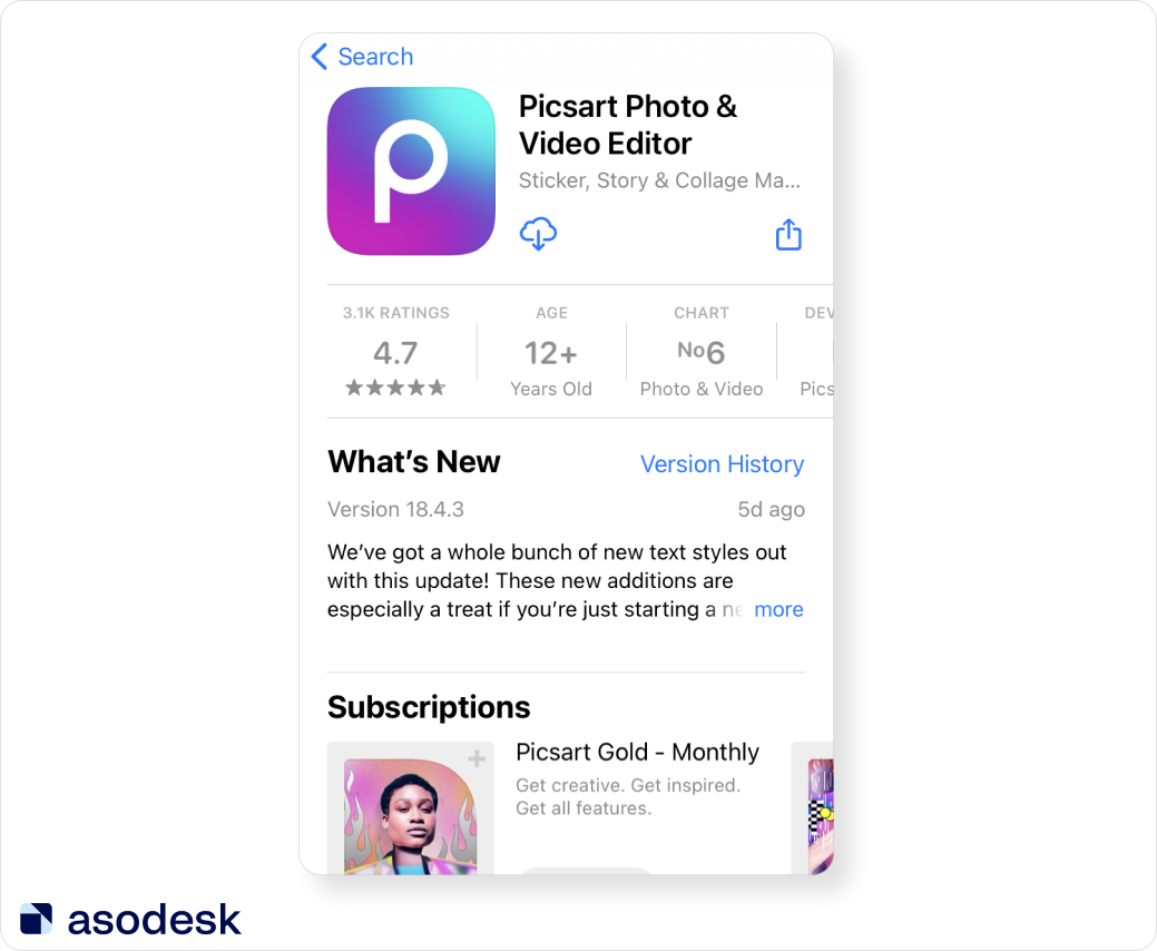 Picsart app page in the App Store