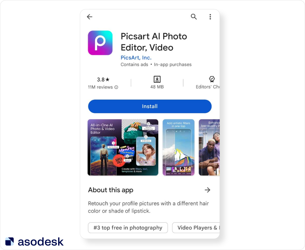 Picsart app page on Google Play