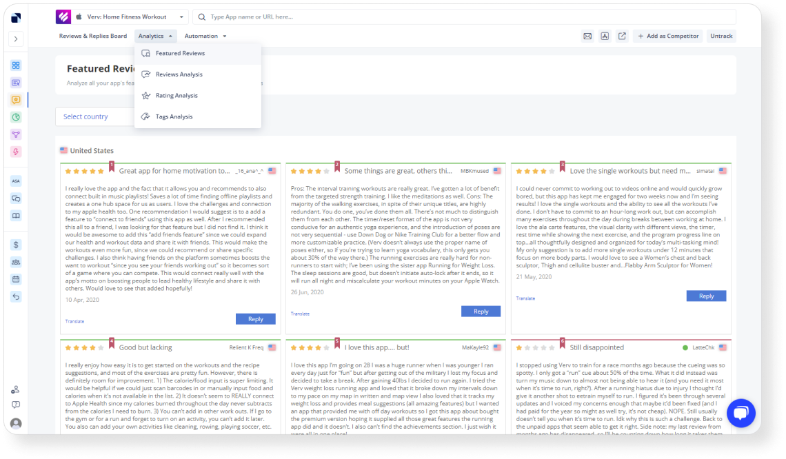The Analytics Reviews section enables you to analyze reviews for your app.