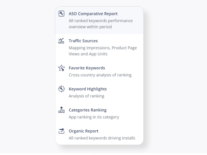 The Analytics section contains tools that allow you to analyze your ASO and the ASO of your competitors