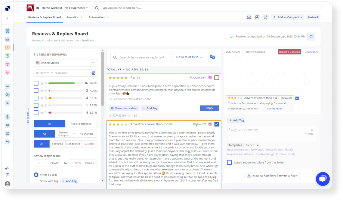 Reviews & Replies Board allows you to respond to user reviews from the App Store and Google Play.
