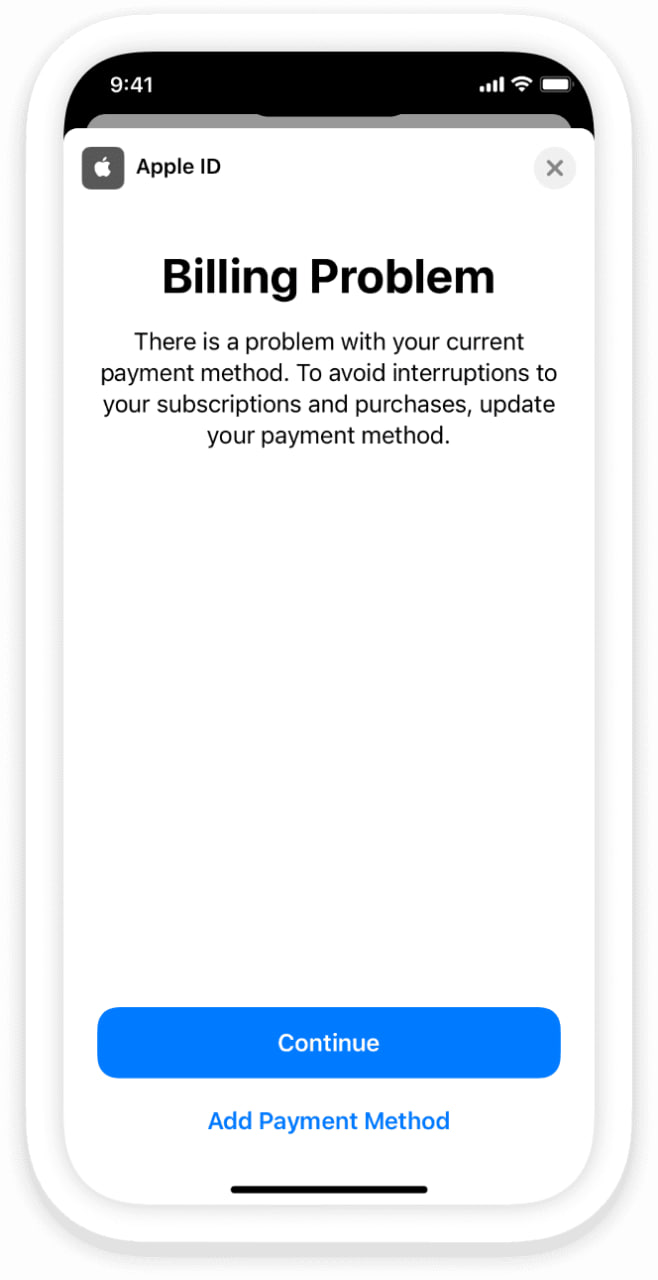 System screen that suggests updating payment method. 