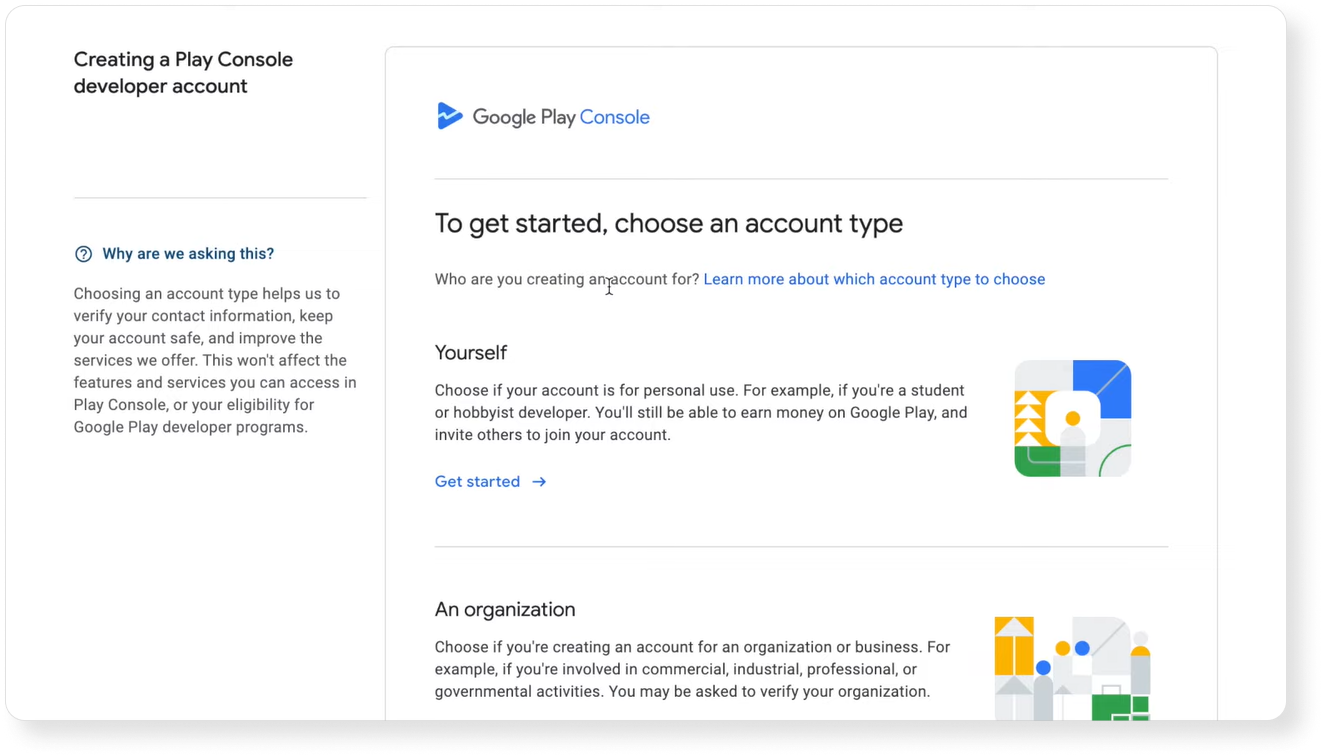 Choosing a personal or organizational account on Google Play