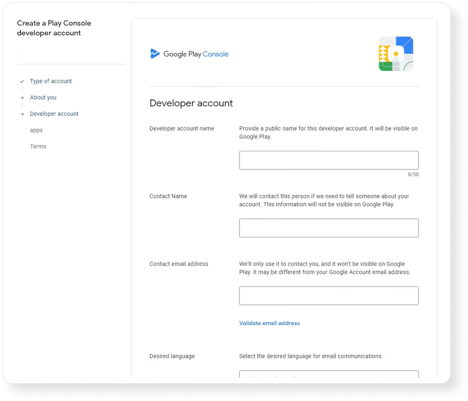 Developer account information on Google Play Console