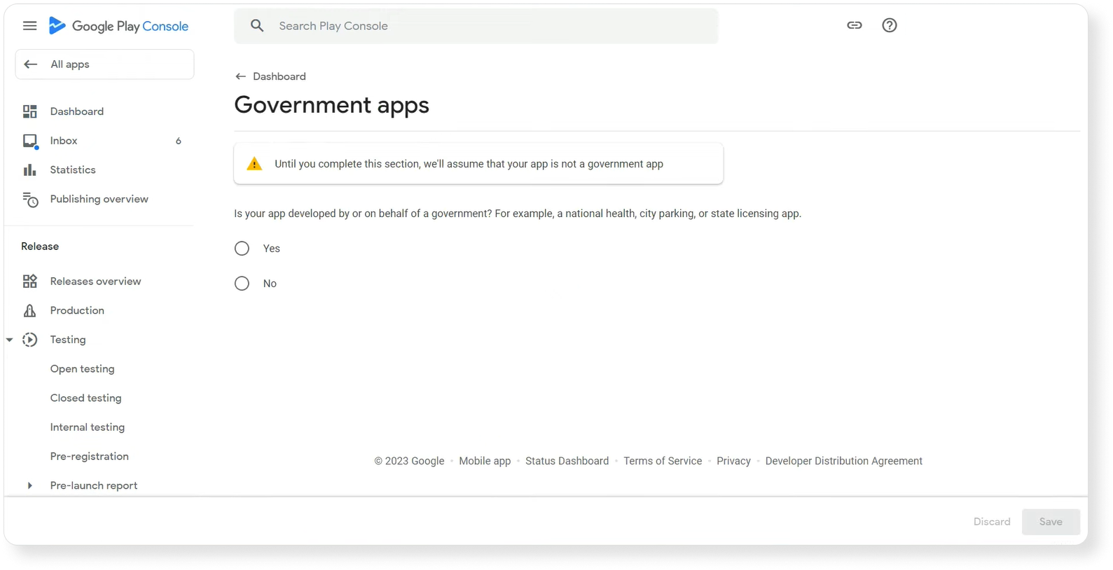 Government section on Google Play Console