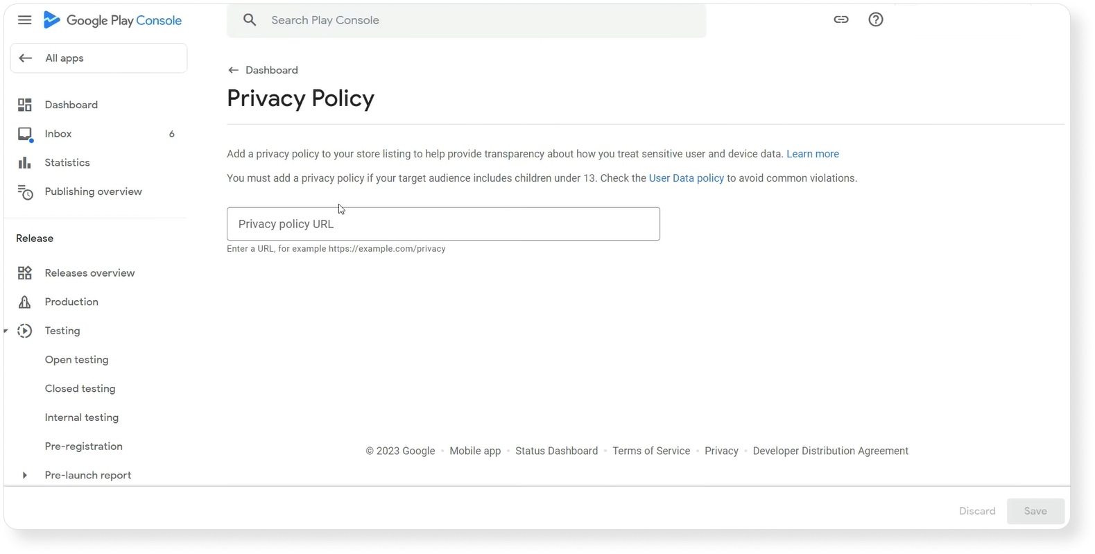 Privacy Policy section on Google Play Console