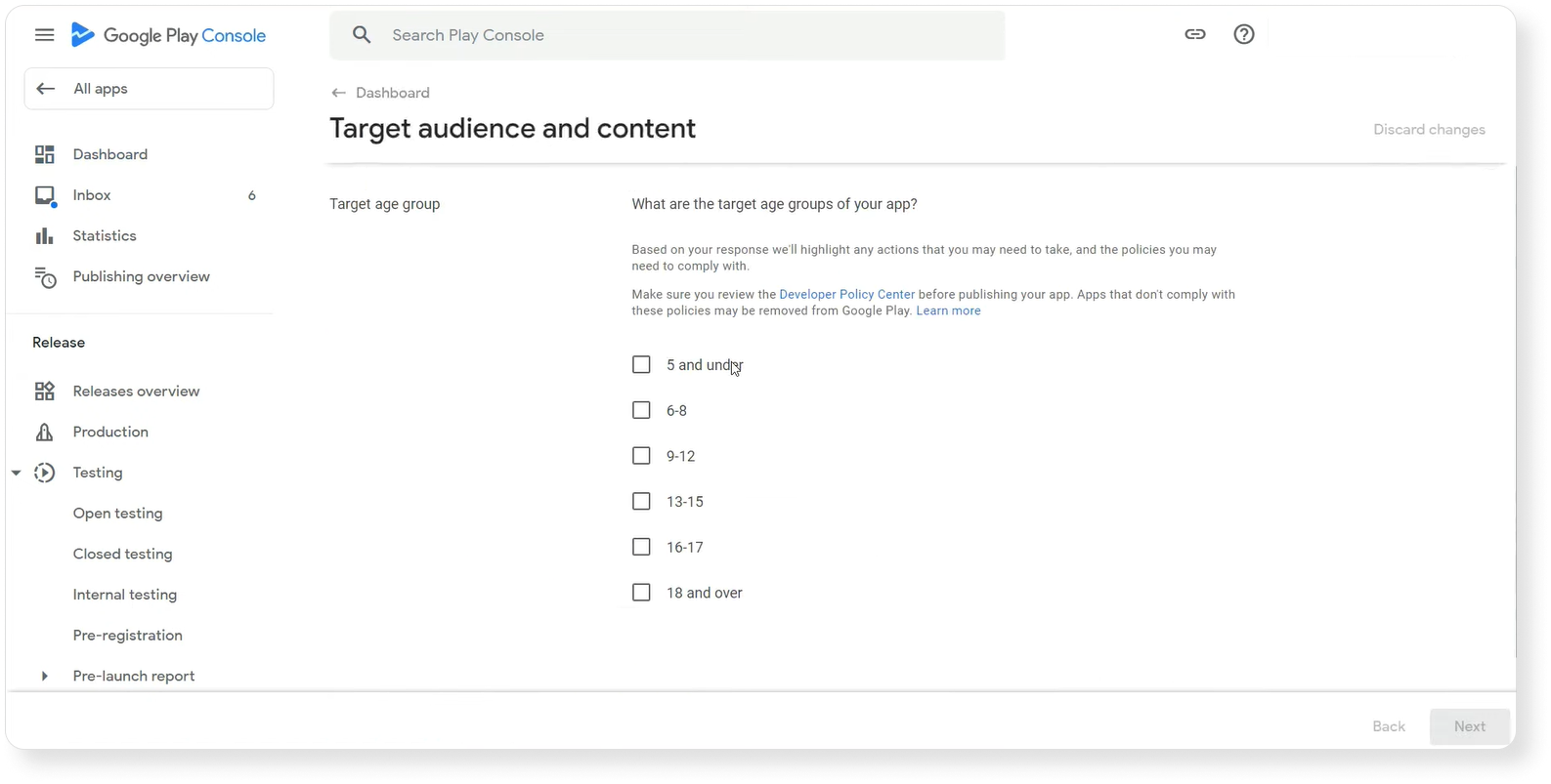 Target audience and content in Google Play Console.