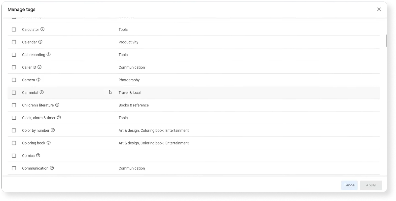 Managing tags in Google Play Console