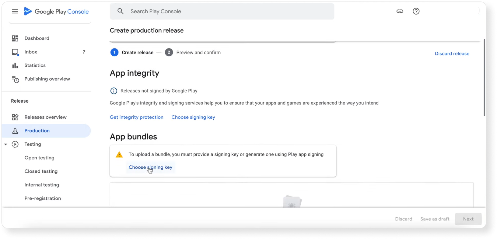 Choosing a signing key on Google Play Console