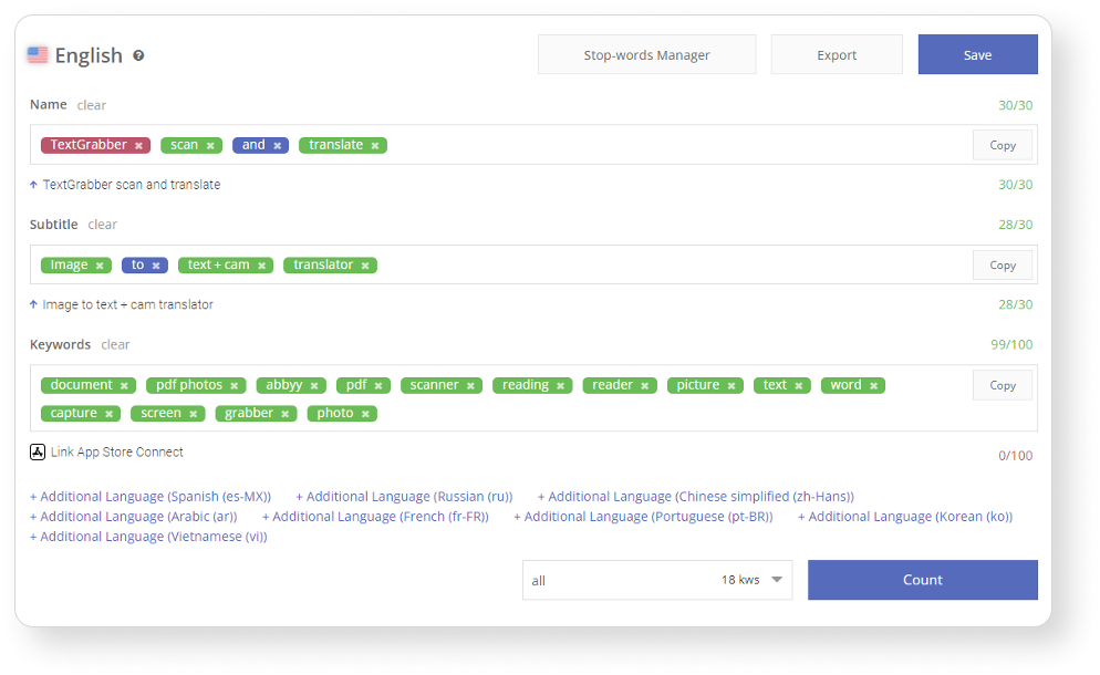 The Competitors tool on Asodesk allows DEVGAME to see their competitors' positions per keyword from the semantic core